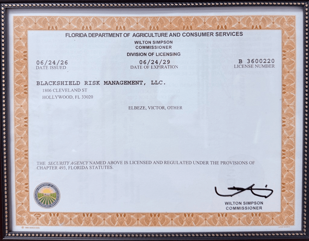 Framed Florida Class B Security Agency license for BlackShield Risk Management, LLC — license B 3600220, issued by the Florida Department of Agriculture and Consumer Services